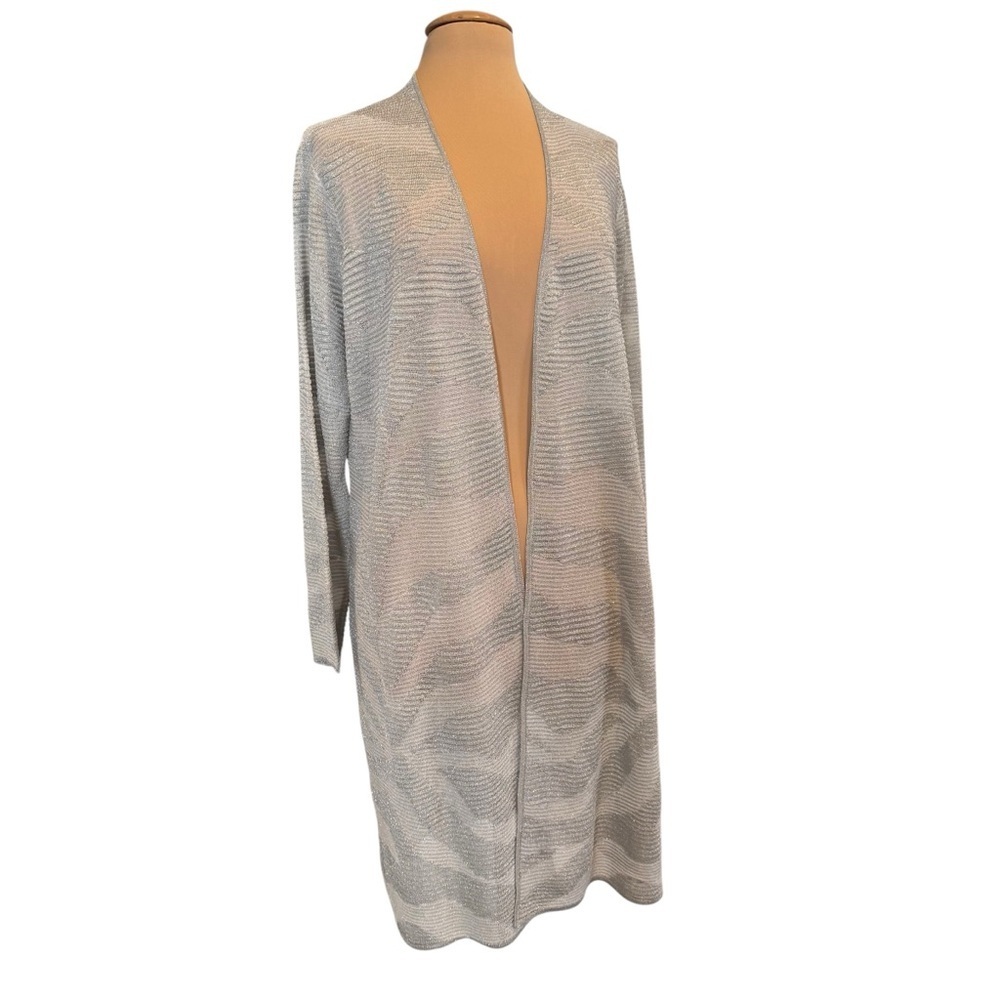 Chico‘s silver gray metallic open front long cardigan duster holiday size large